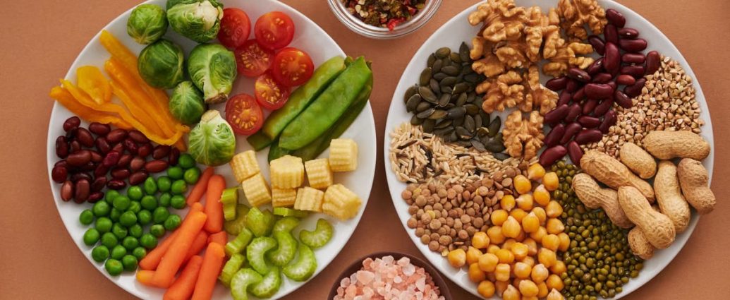 Vibrant display of assorted vegetables, legumes, nuts, and seeds on plates, perfect for healthy eating images.